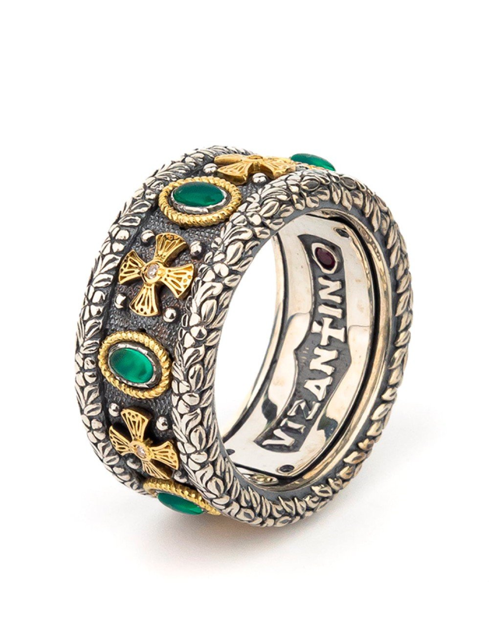 Кольцо из серебра и золота c бриллиантами, хризопразом и рубином