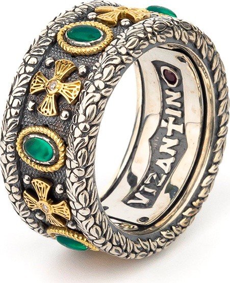 Кольцо из серебра и золота c бриллиантами, хризопразом и рубином