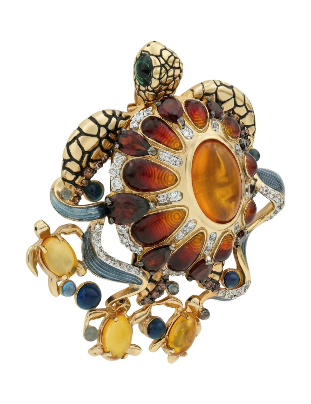 Брошь из лимонного золота c эмалью, фианитом, гранатом и янтарём