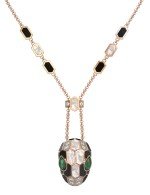 Колье из золота c бриллиантами, рубином, ониксом, малахитом и перламутром