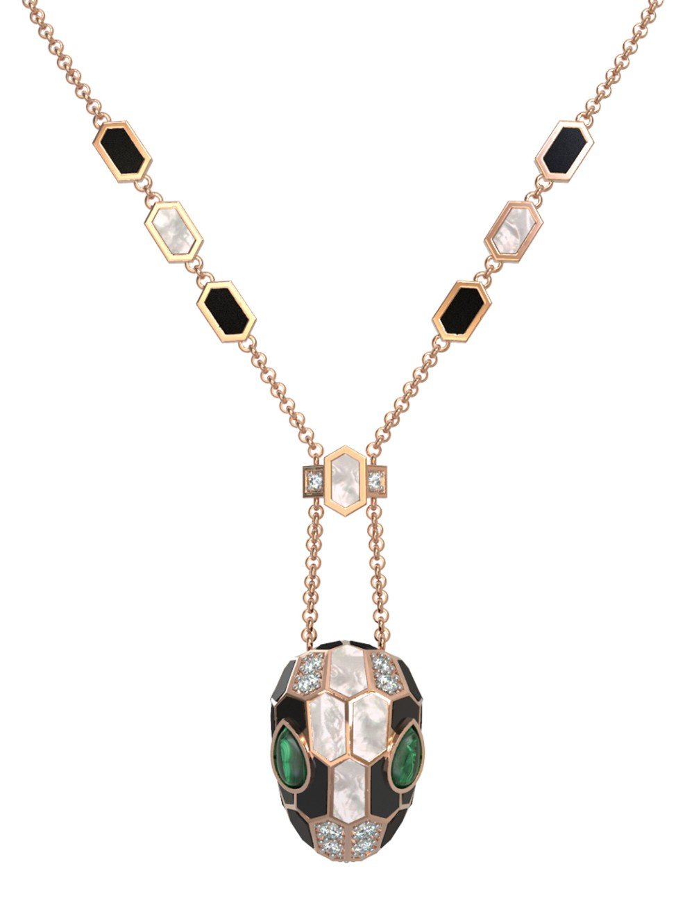 Колье из золота c бриллиантами, рубином, ониксом, малахитом и перламутром