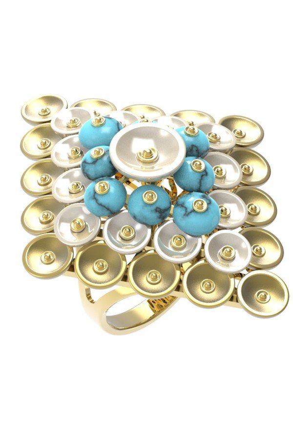 Кольцо из лимонного золота c бирюзой и перламутром