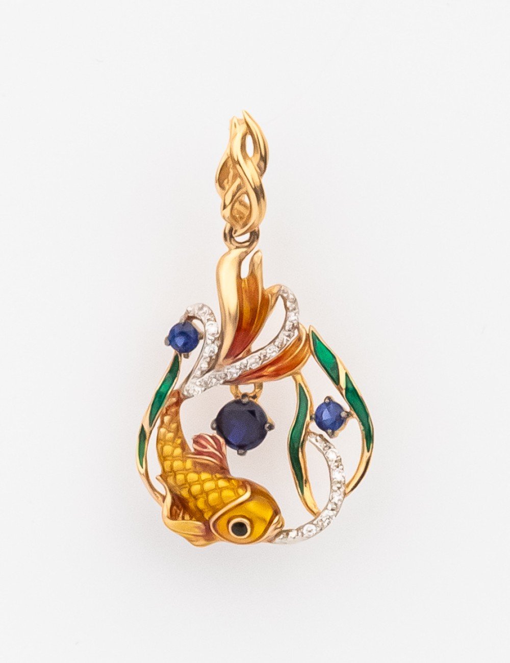 Подвеска из золота c эмалью, фианитом и сапфиром