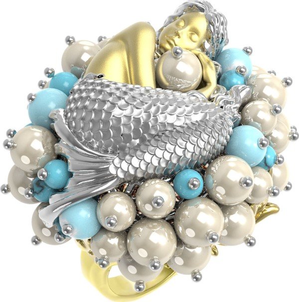 Кольцо из лимонного золота c жемчугом и бирюзой