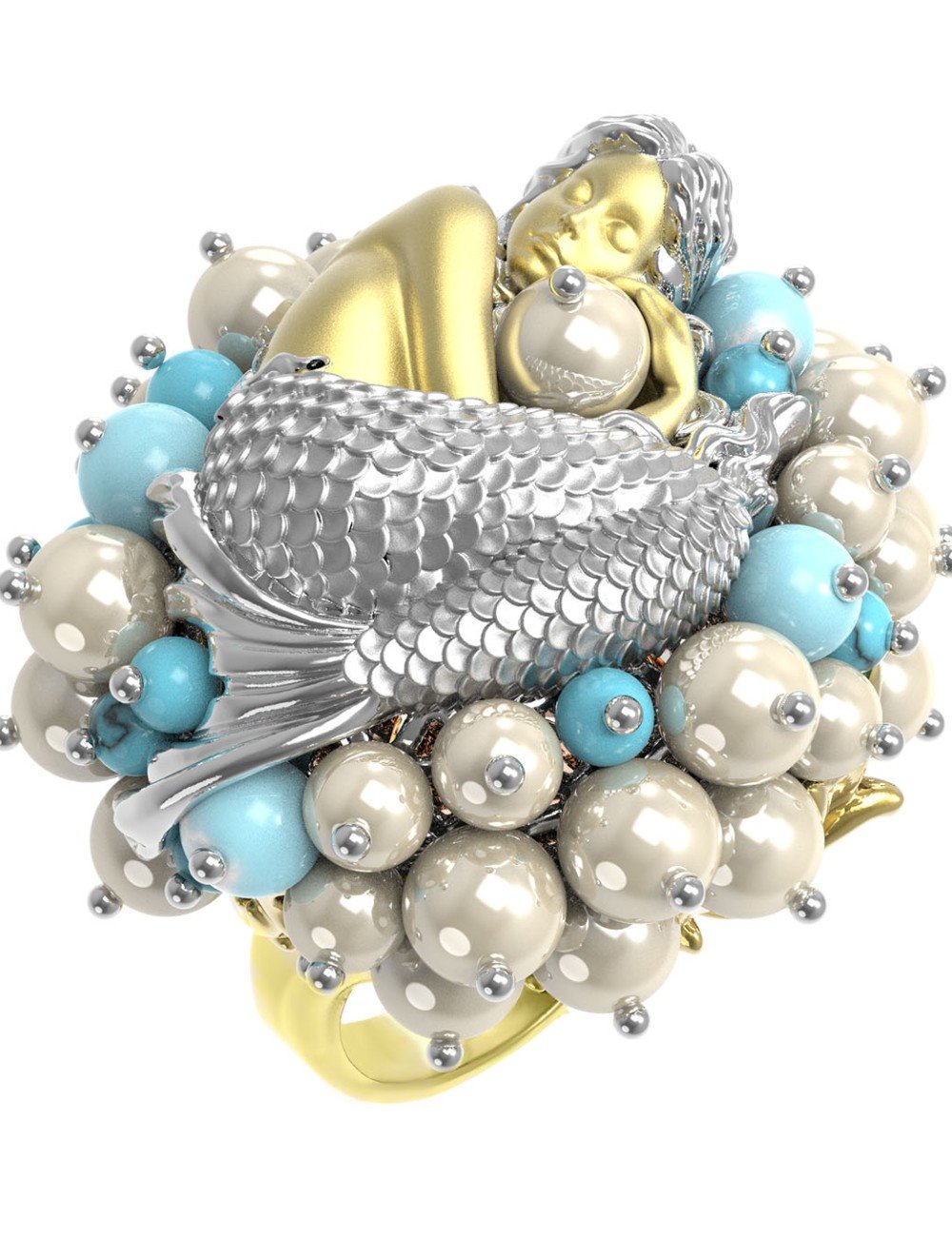 Кольцо из лимонного золота c жемчугом и бирюзой