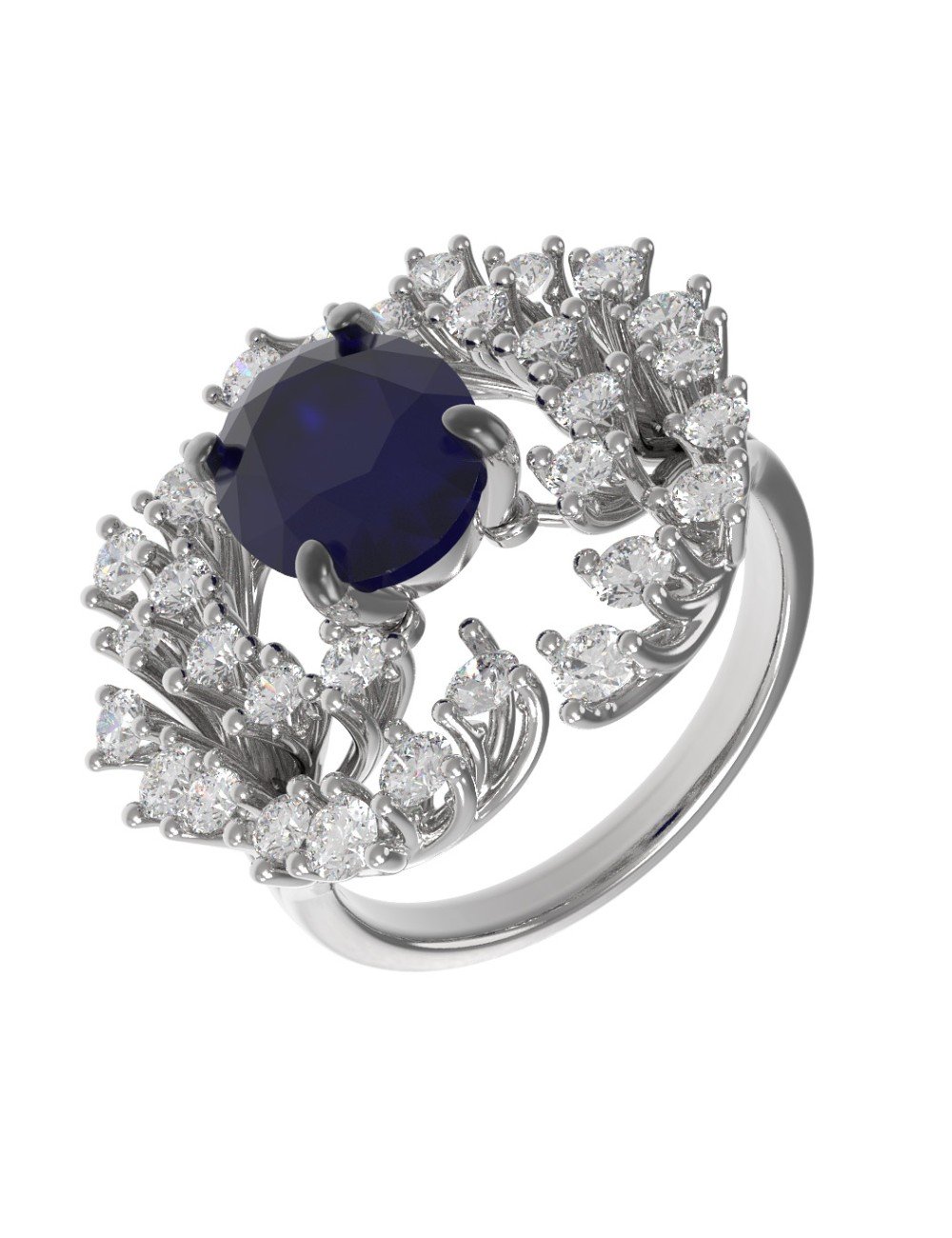 Кольцо из белого золота c бриллиантами и сапфиром