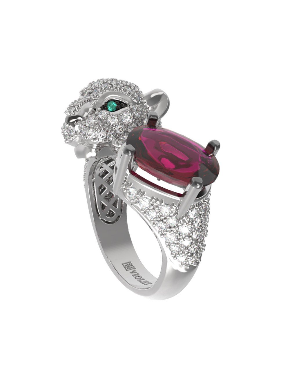 Кольцо из белого золота c бриллиантами, рубином и изумрудом