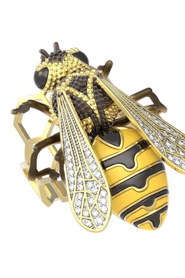 Кольцо из лимонного золота c эмалью и фианитом