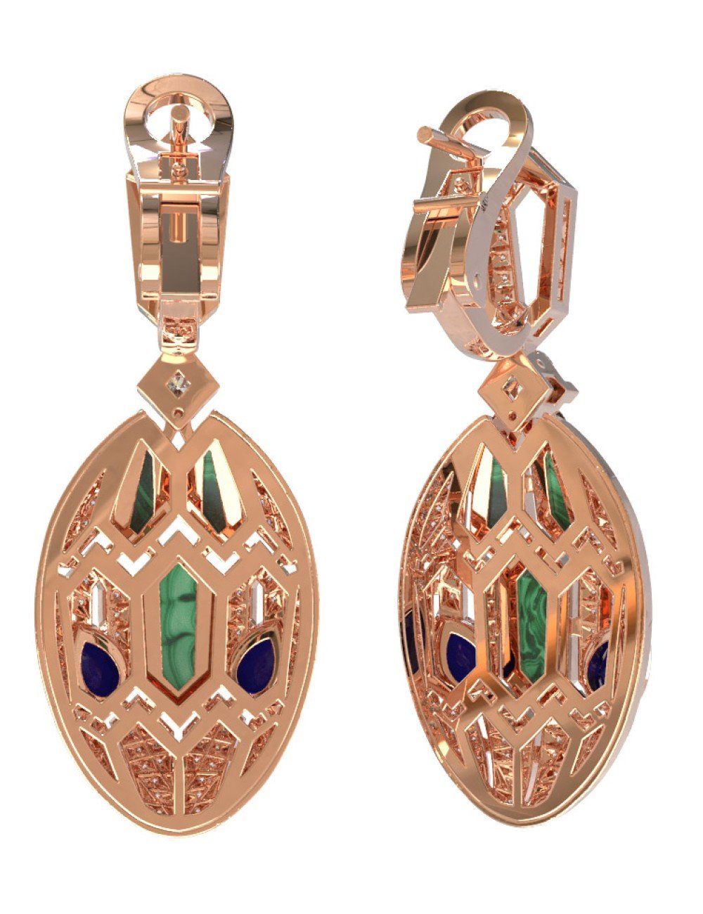 Серьги из золота c бриллиантами, сапфиром и малахитом