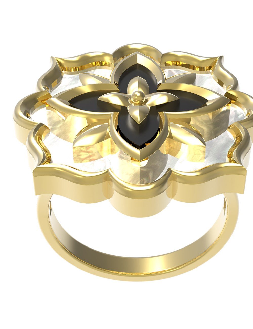 Кольцо из лимонного золота c ониксом и перламутром