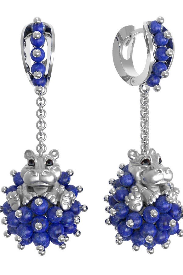 Серьги из белого золота c эмалью и лазуритом