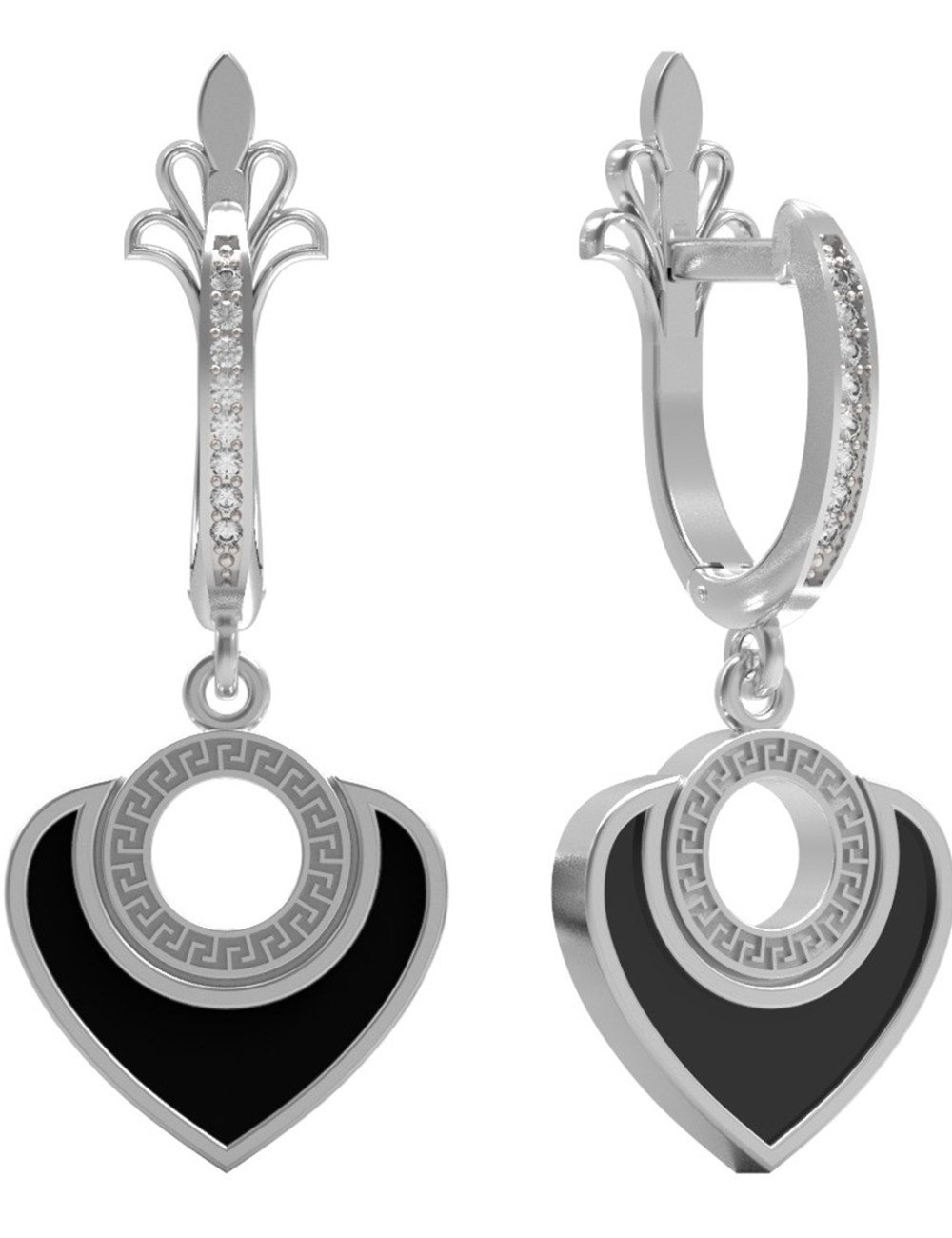 Серьги из белого золота c фианитом и ониксом