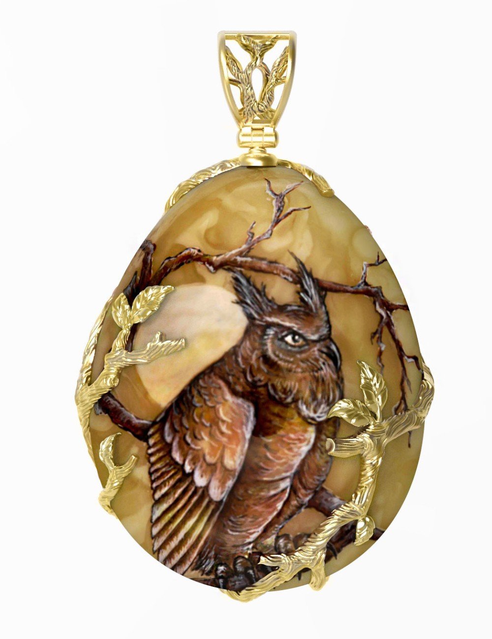 Подвеска из лимонного золота c росписным янтарём