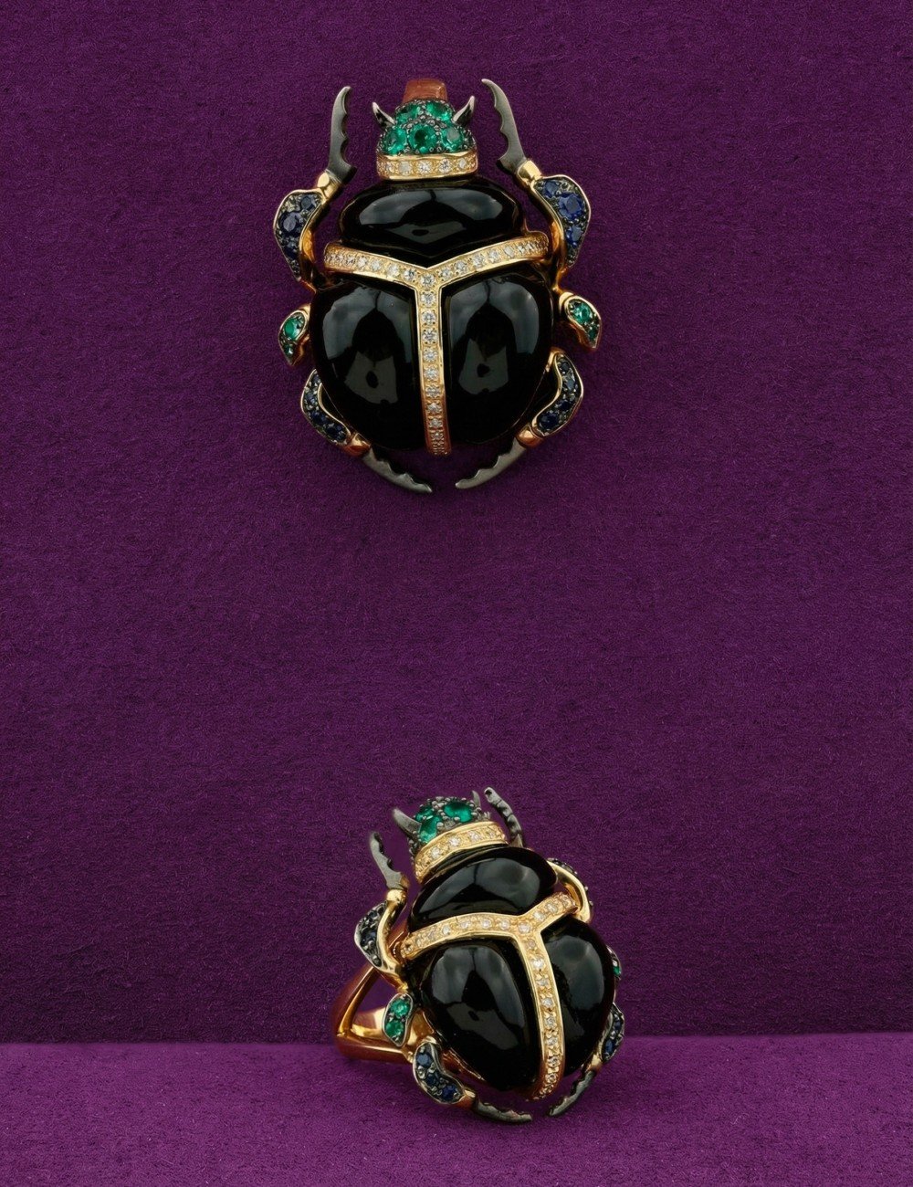 Подвеска из лимонного золота c бриллиантами, сапфиром, изумрудом, ониксом и изумрудом