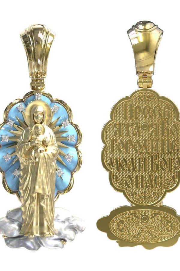 Образок из лимонного золота c бриллиантами, бирюзой и перламутром