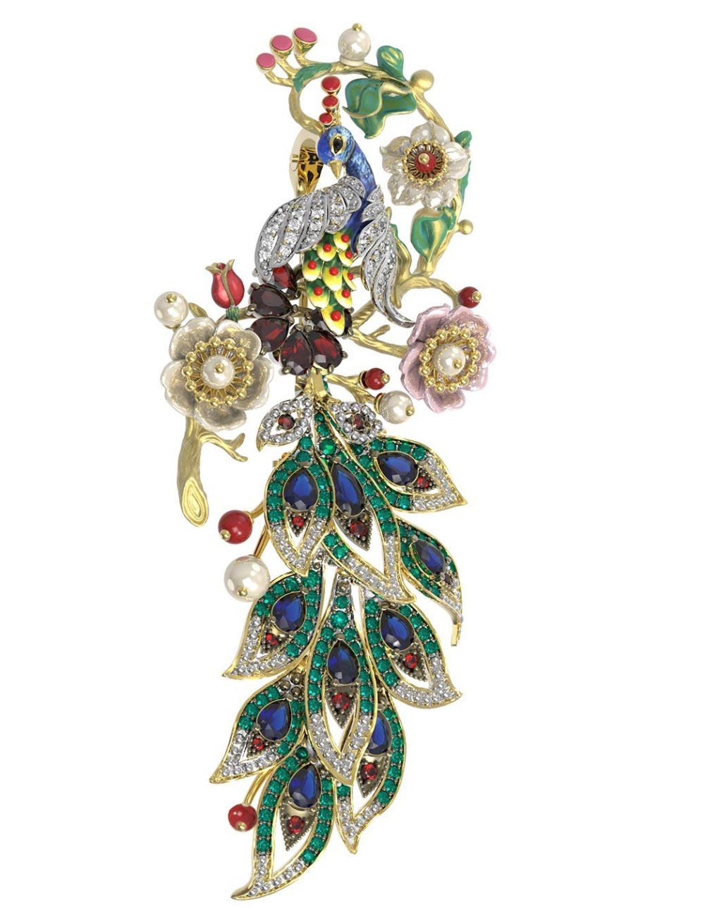 Брошь из лимонного золота c эмалью, фианитом, гранатом, жемчугом, сапфиром, кораллом и перламутром