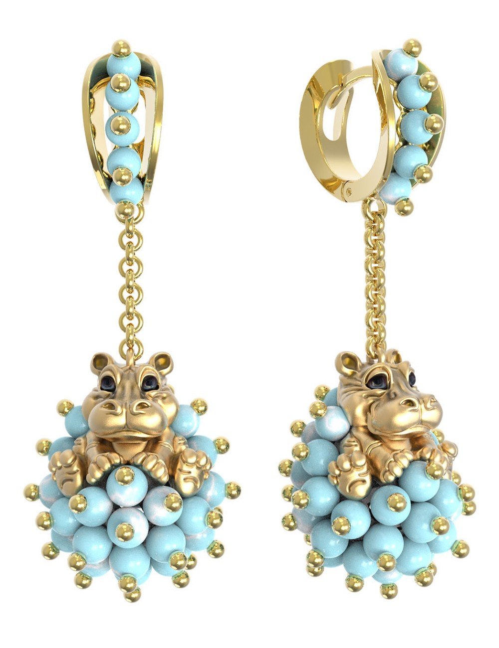 Серьги из лимонного золота c эмалью и бирюзой