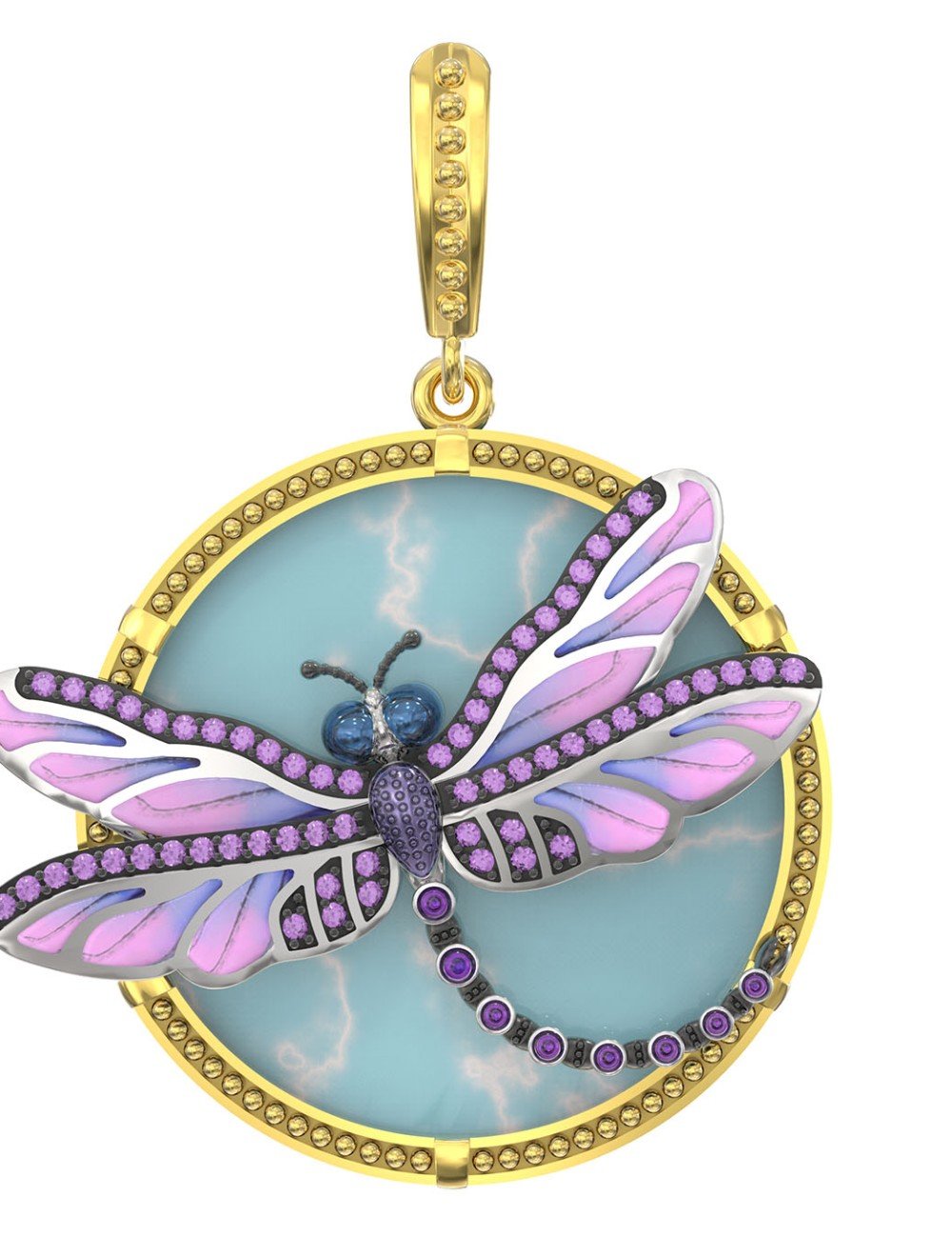 Подвеска из лимонного золота c бирюзой, аметистом и эмалью