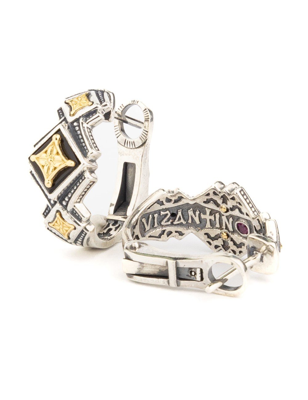 Серьги из серебра и золота c ониксом и рубином