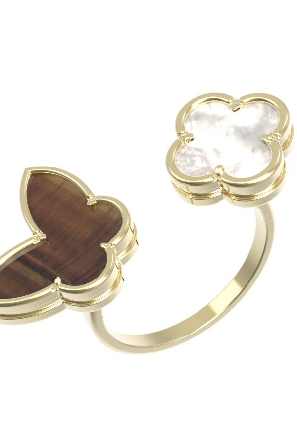 Кольцо из лимонного золота c тигровым глазом и перламутром