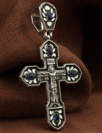 Крест из белого золота c эмалью и сапфиром