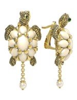 Серьги из лимонного золота c эмалью, жемчугом и бивнем мамонта