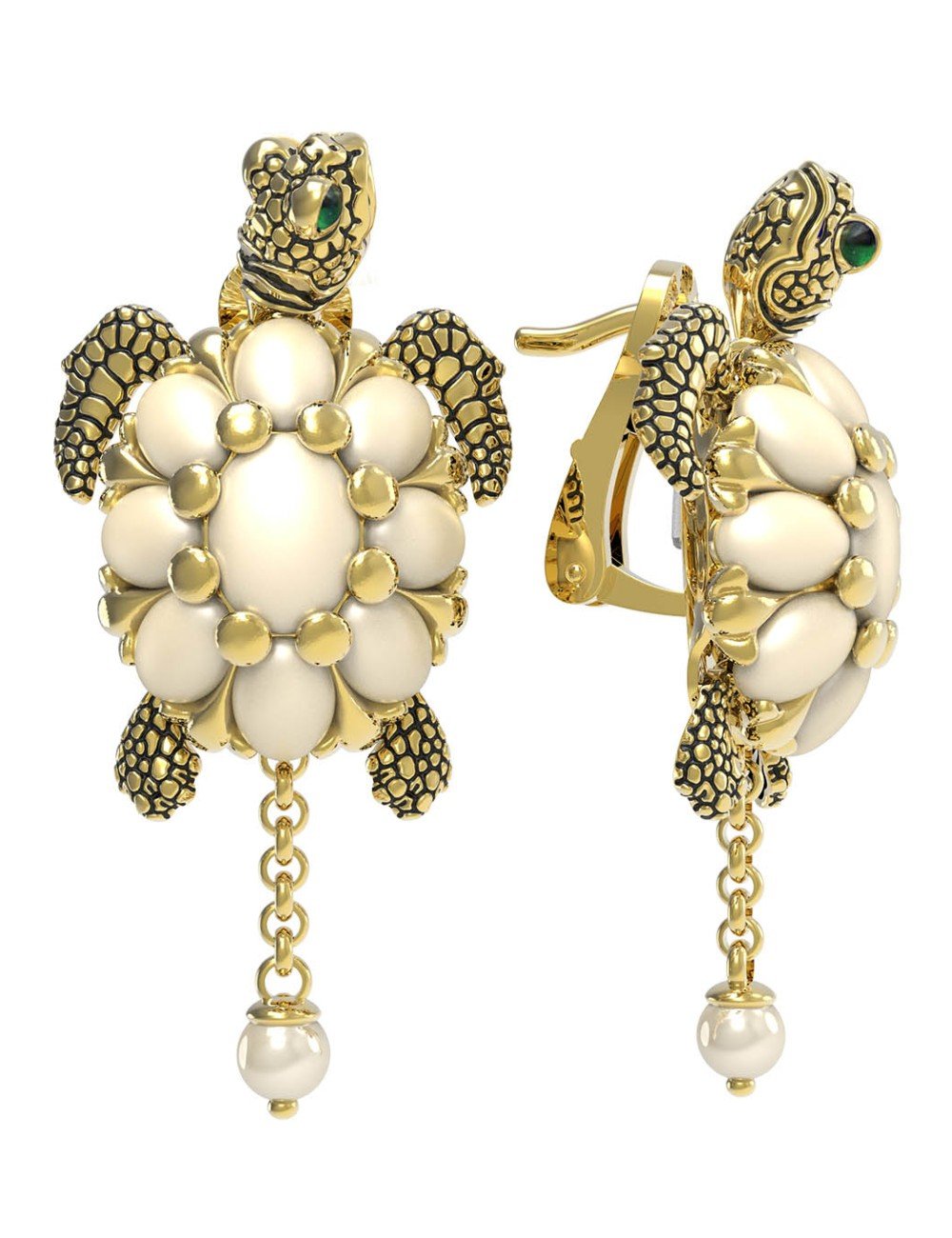 Серьги из лимонного золота c эмалью, жемчугом и бивнем мамонта