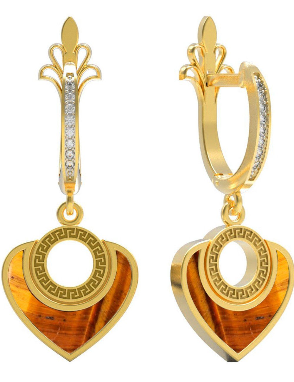 Серьги из лимонного золота c фианитом и тигровым глазом