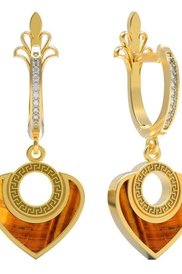 Серьги из лимонного золота c фианитом и тигровым глазом