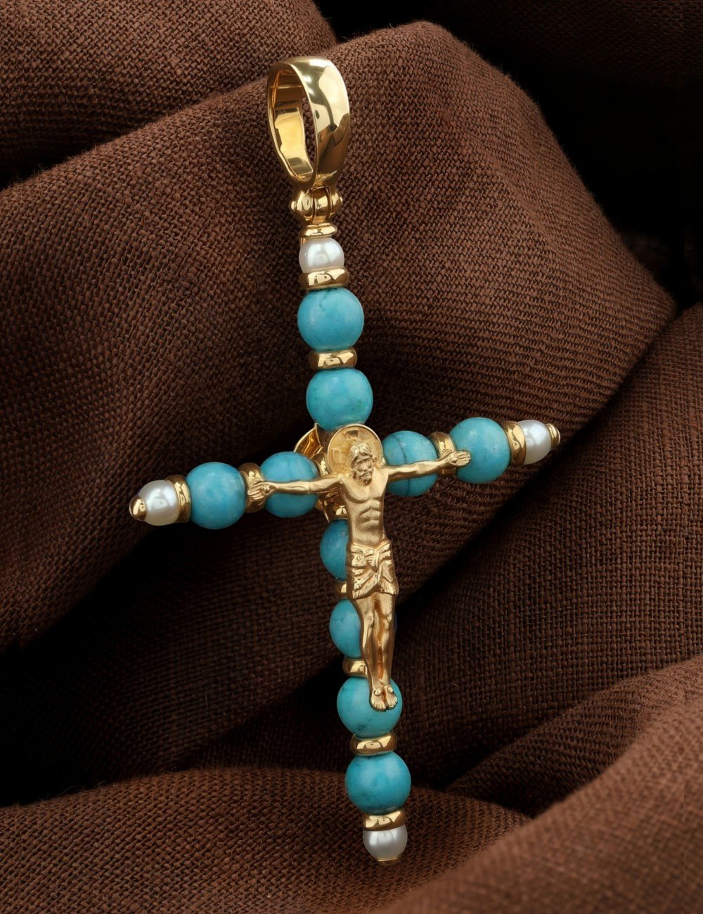 Крест из лимонного золота c жемчугом и бирюзой