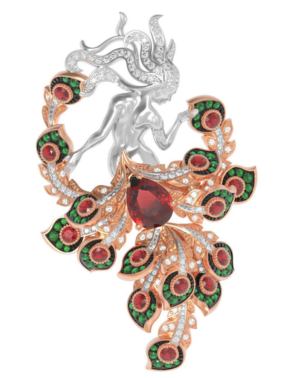 Брошь из золота c фианитом и гранатом