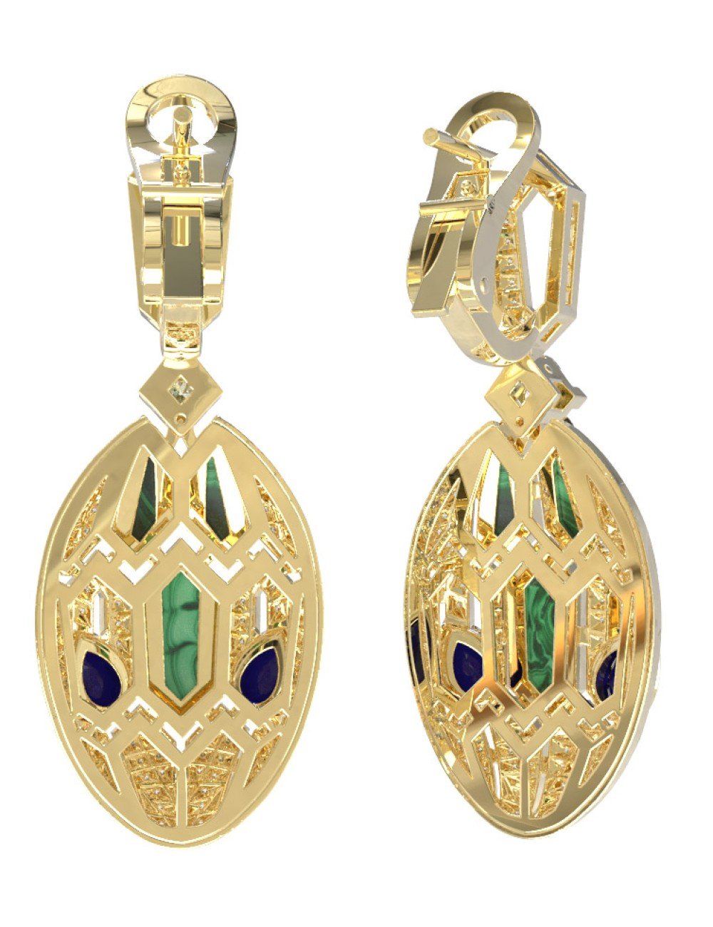 Серьги из лимонного золота c бриллиантами, сапфиром и малахитом