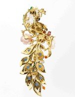 Брошь из лимонного золота c эмалью, фианитом, гранатом, жемчугом, сапфиром, кораллом и перламутром