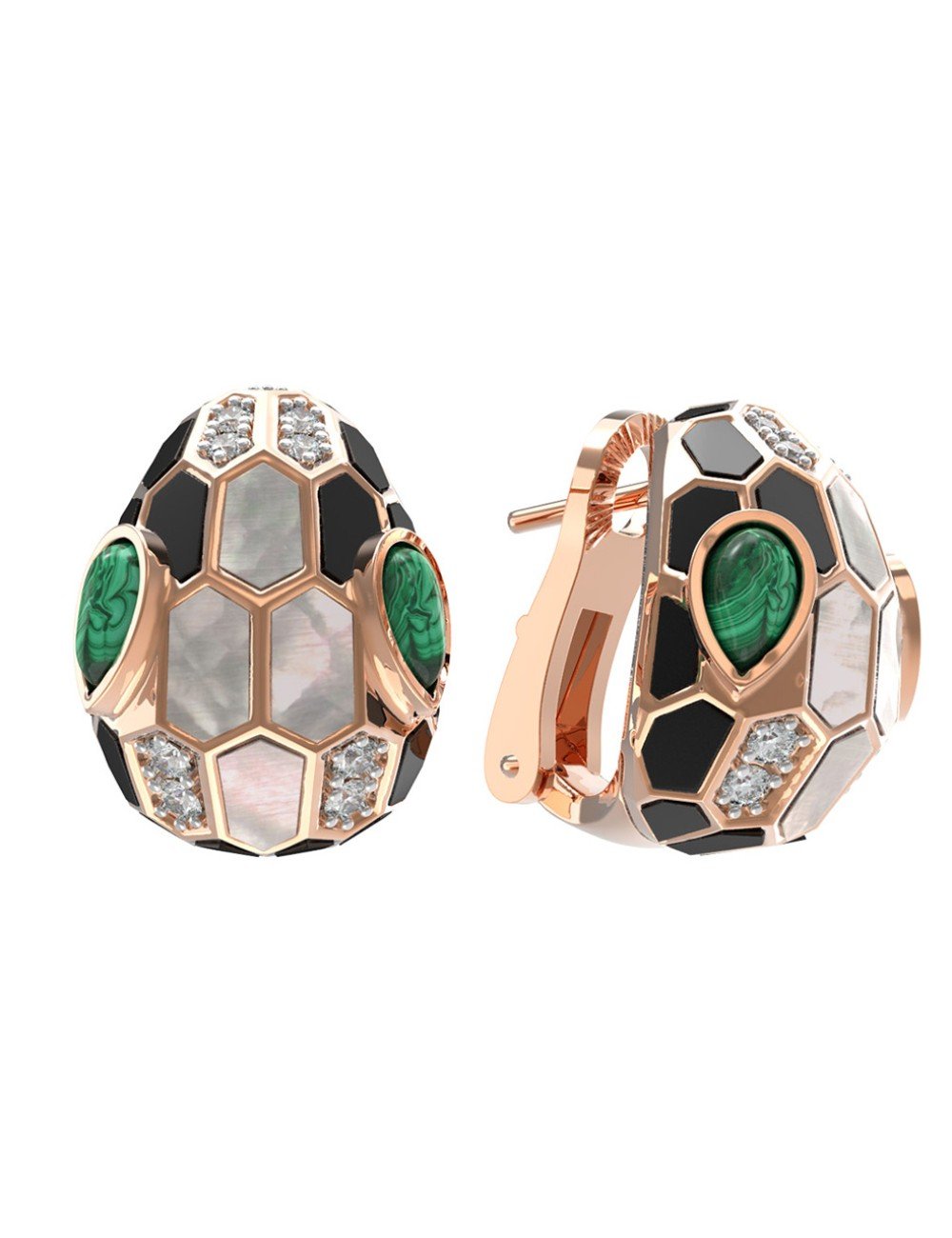 Серьги из золота c бриллиантами, рубином, ониксом, малахитом и перламутром