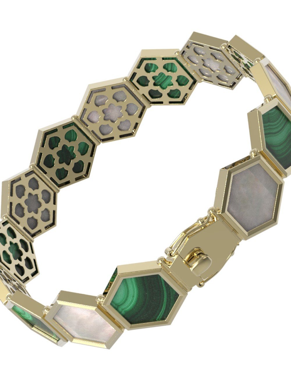 Браслет из лимонного золота c малахитом и перламутром