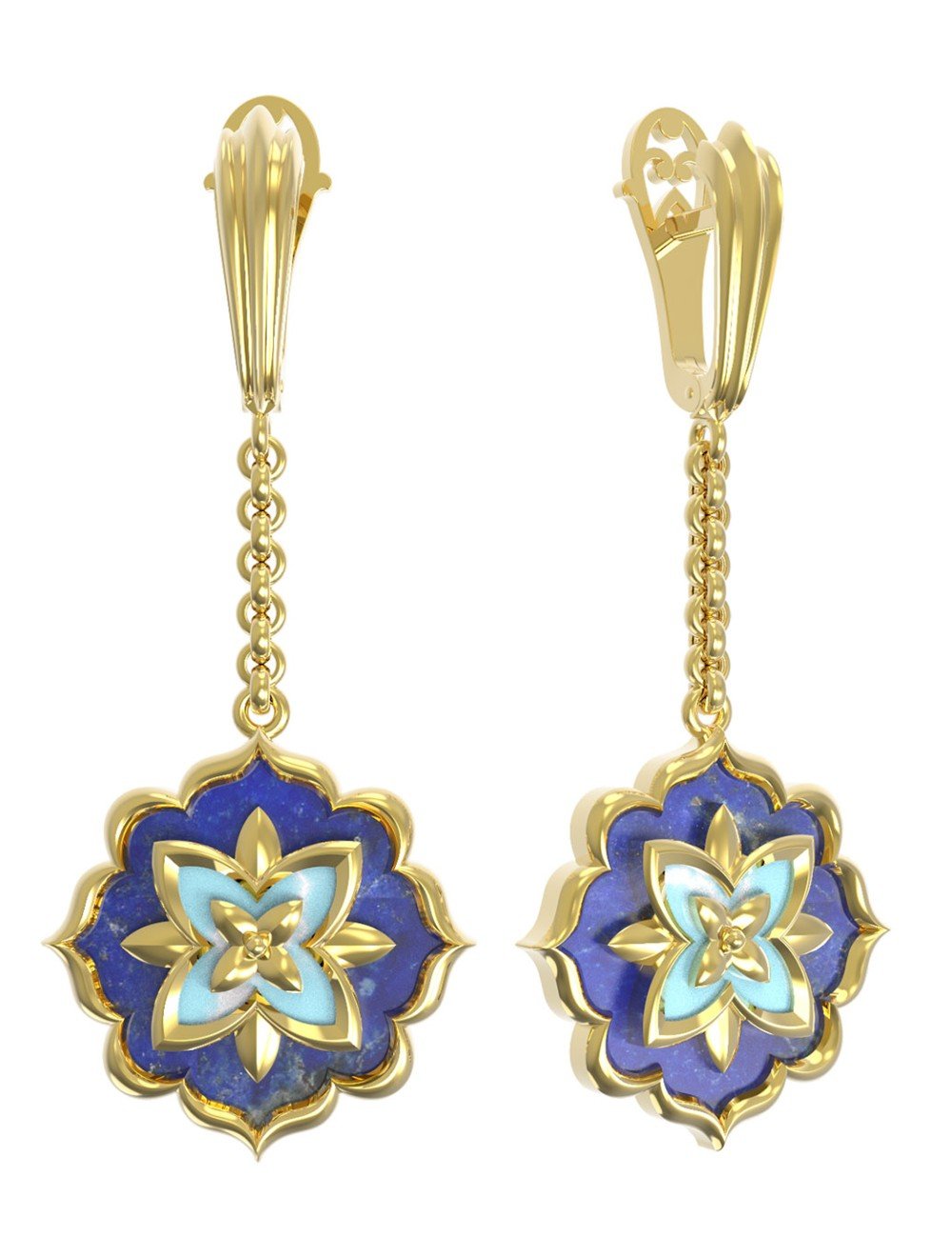 Серьги из лимонного золота c бирюзой и лазуритом