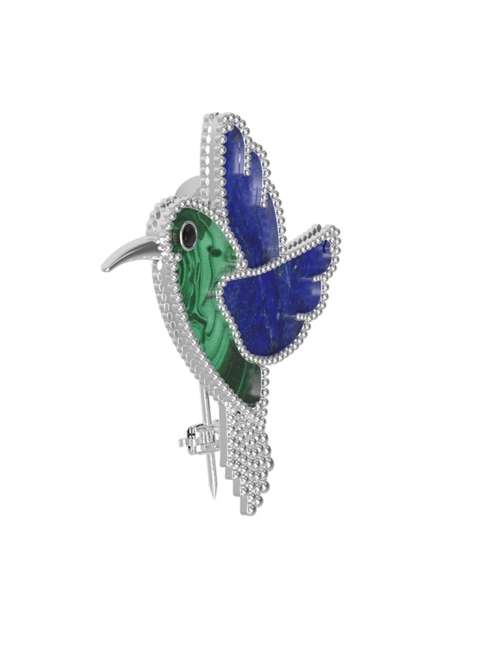 Брошь из белого золота c эмалью, лазуритом и малахитом