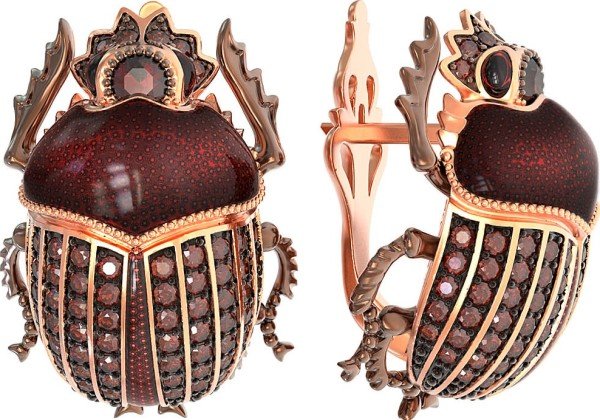 Серьги из золота c эмалью, фианитом и гранатом