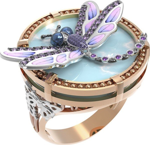 Кольцо из золота c бирюзой, аметистом и эмалью