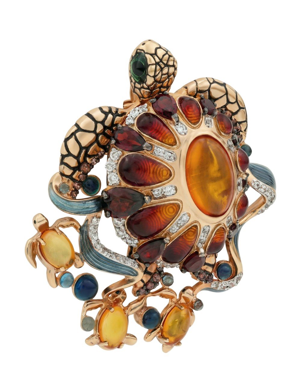 Брошь из золота c эмалью, фианитом, гранатом и янтарём