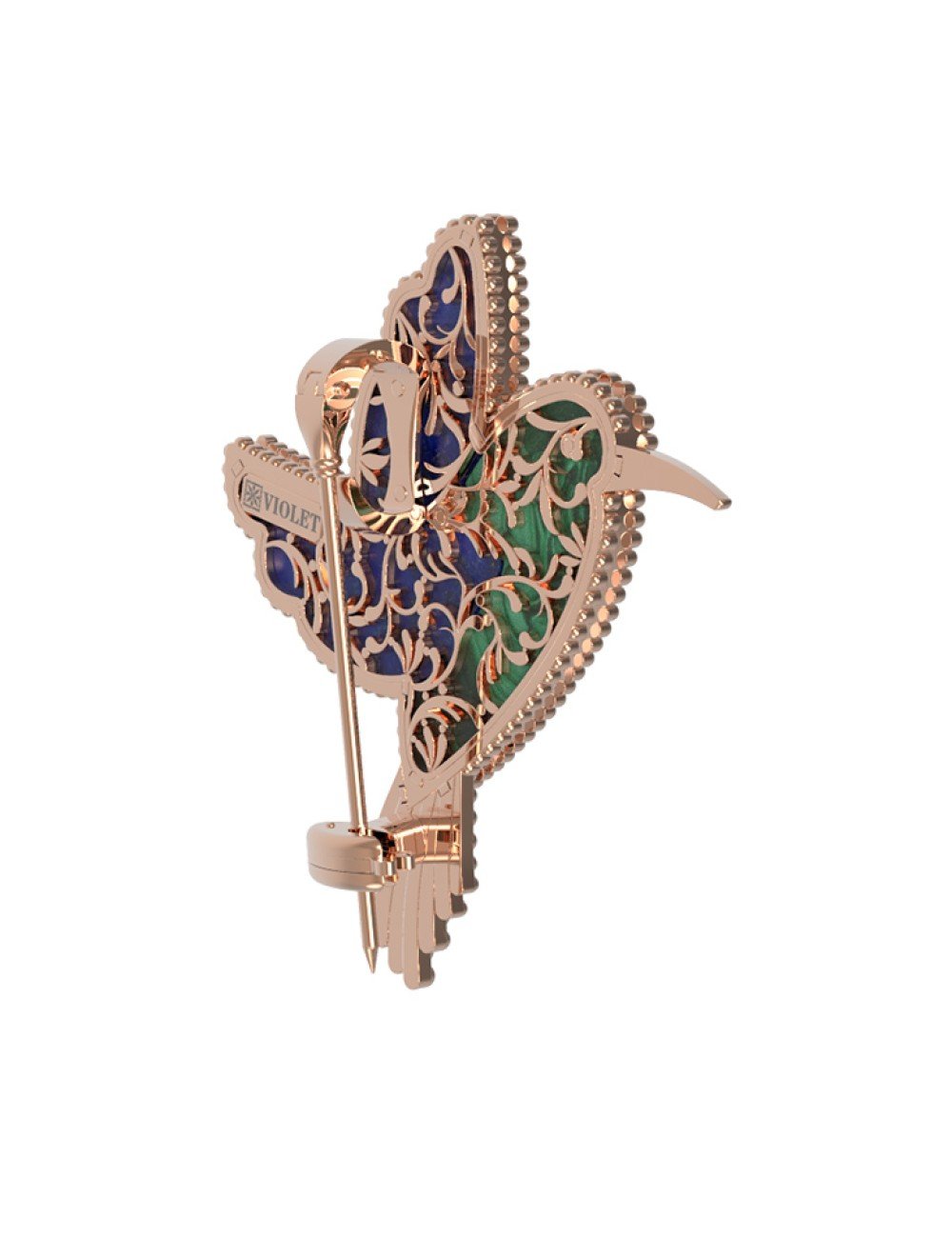 Брошь из золота c эмалью, лазуритом и малахитом