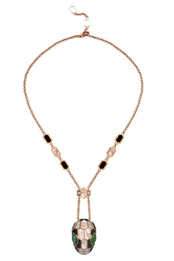 Колье из золота c бриллиантами, рубином, ониксом, малахитом и перламутром