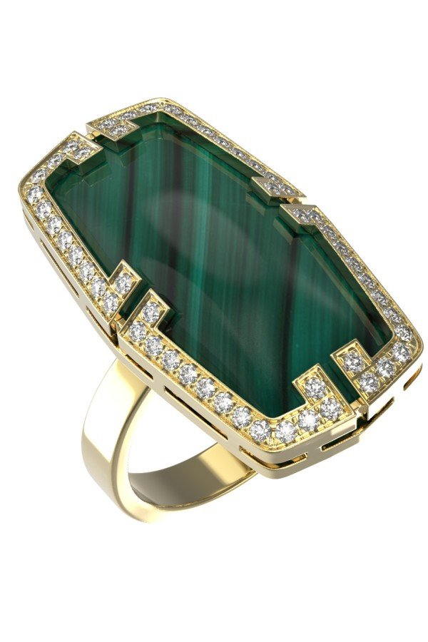 Кольцо из лимонного золота c бриллиантами, рубином и малахитом