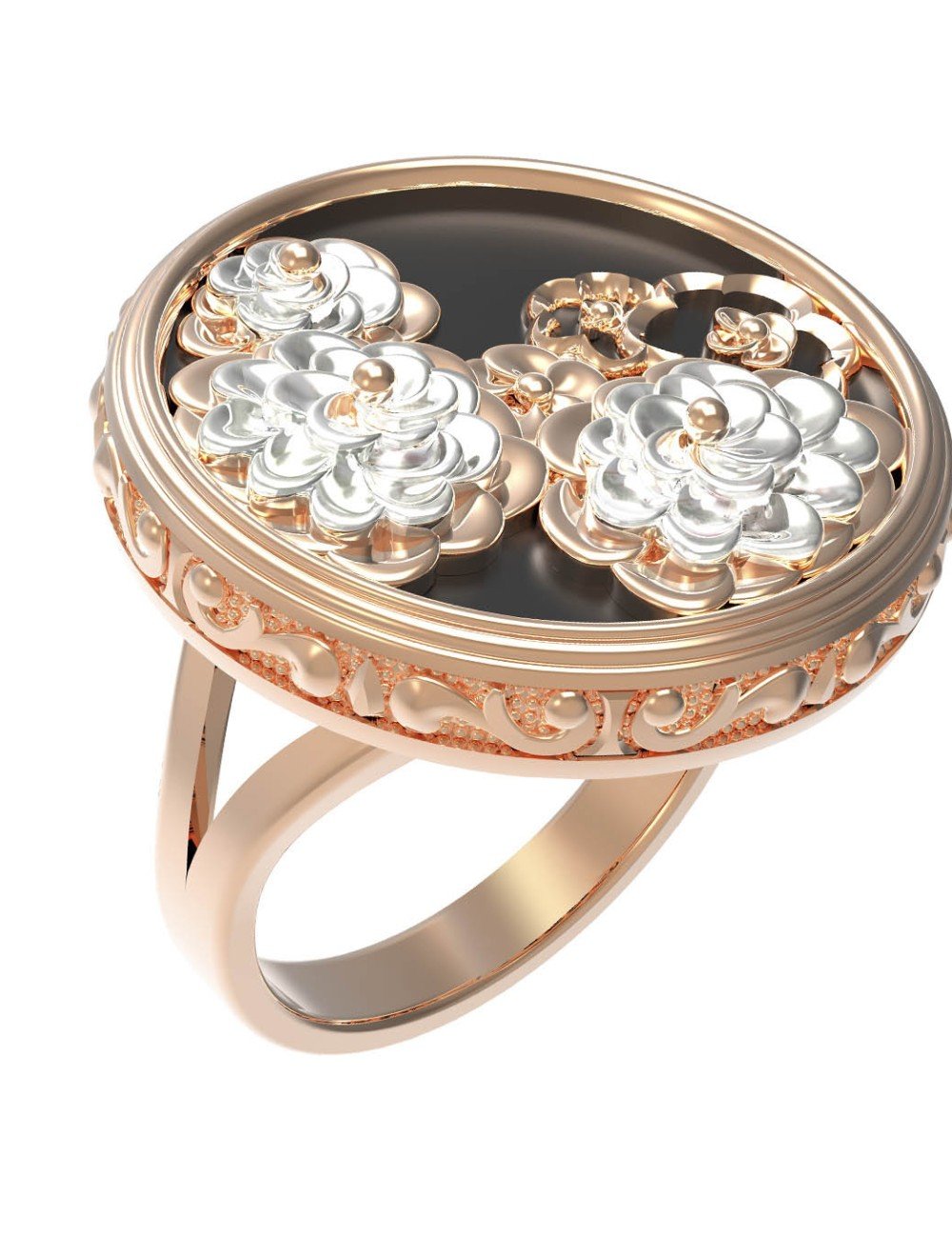 Кольцо из золота c ониксом и перламутром