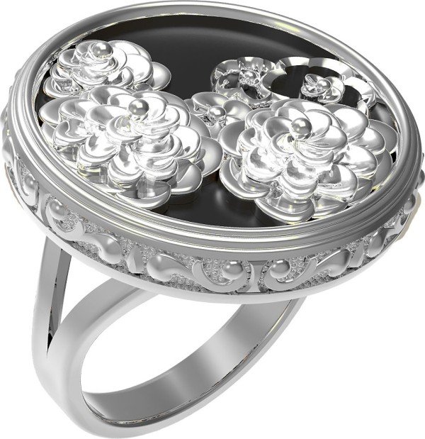 Кольцо из белого золота c ониксом и перламутром