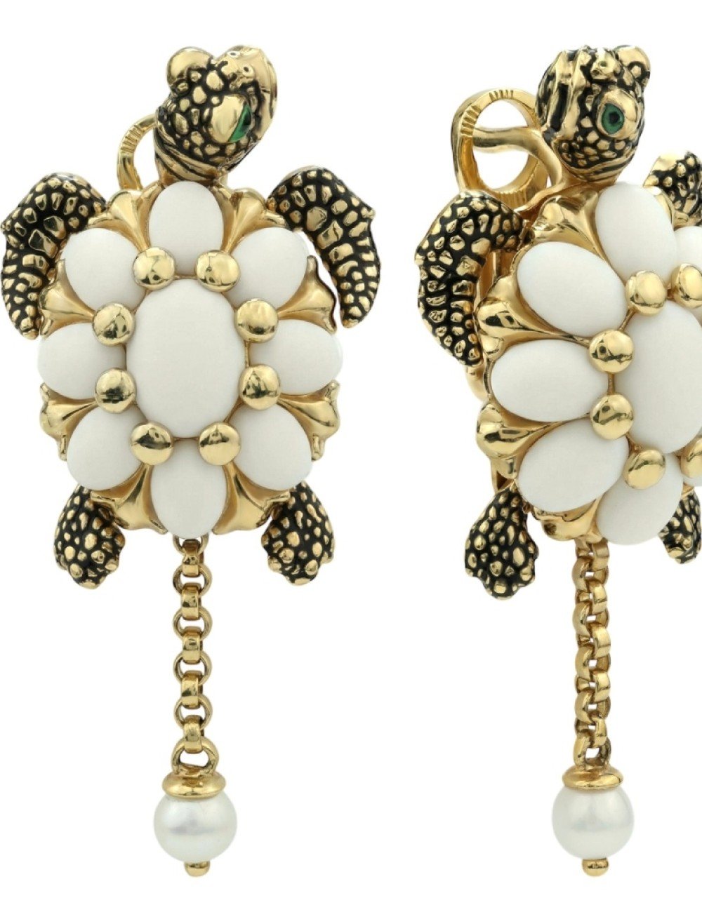 Серьги из лимонного золота c эмалью, жемчугом и бивнем мамонта