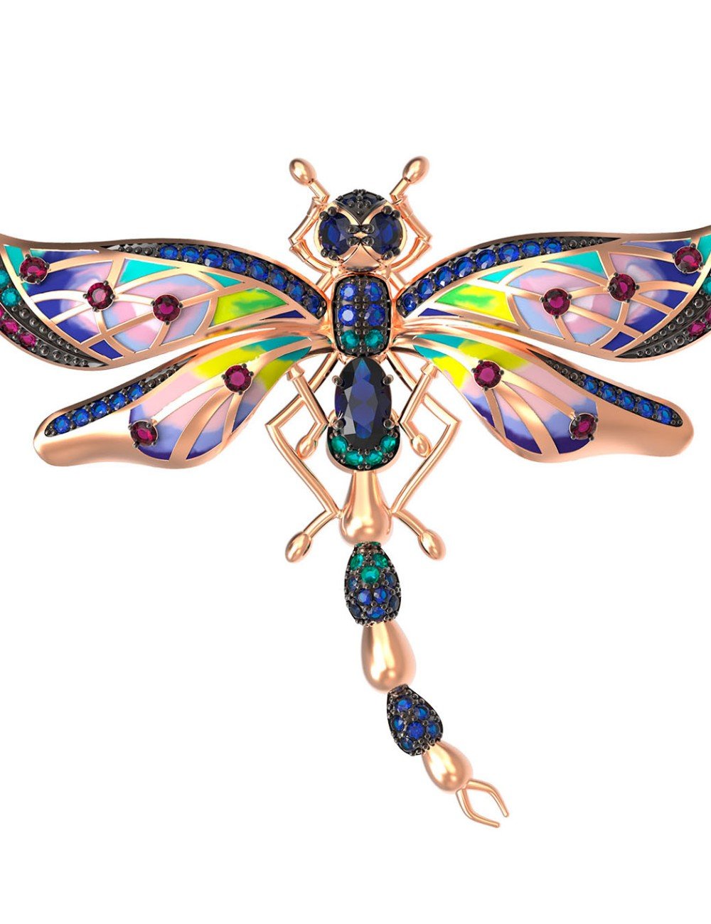 Брошь из золота c фианитом, рубином, сапфиром и эмалью