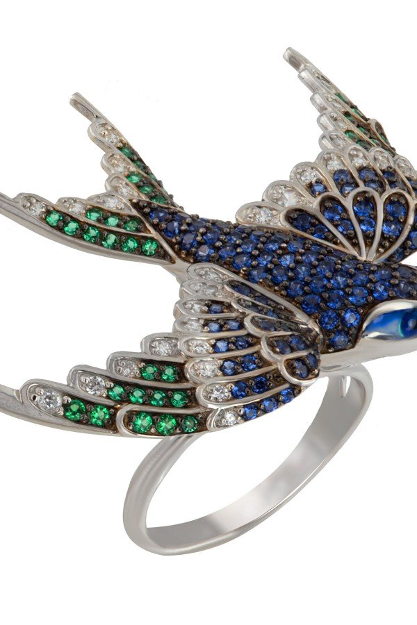 Кольцо из белого золота c эмалью и фианитом