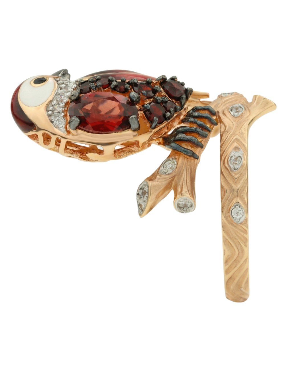 Кольцо из золота c эмалью, фианитом и гранатом