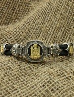 Браслет из серебра и золота c ониксом и шёлковым шнурком